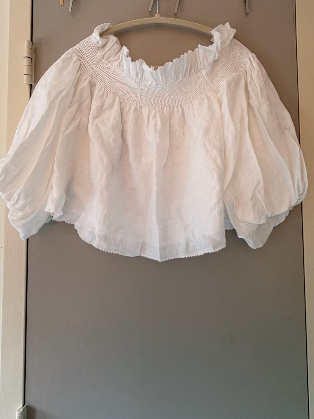 Banana Republic White Smocked Off-Shoulder Puff Sleeve Top